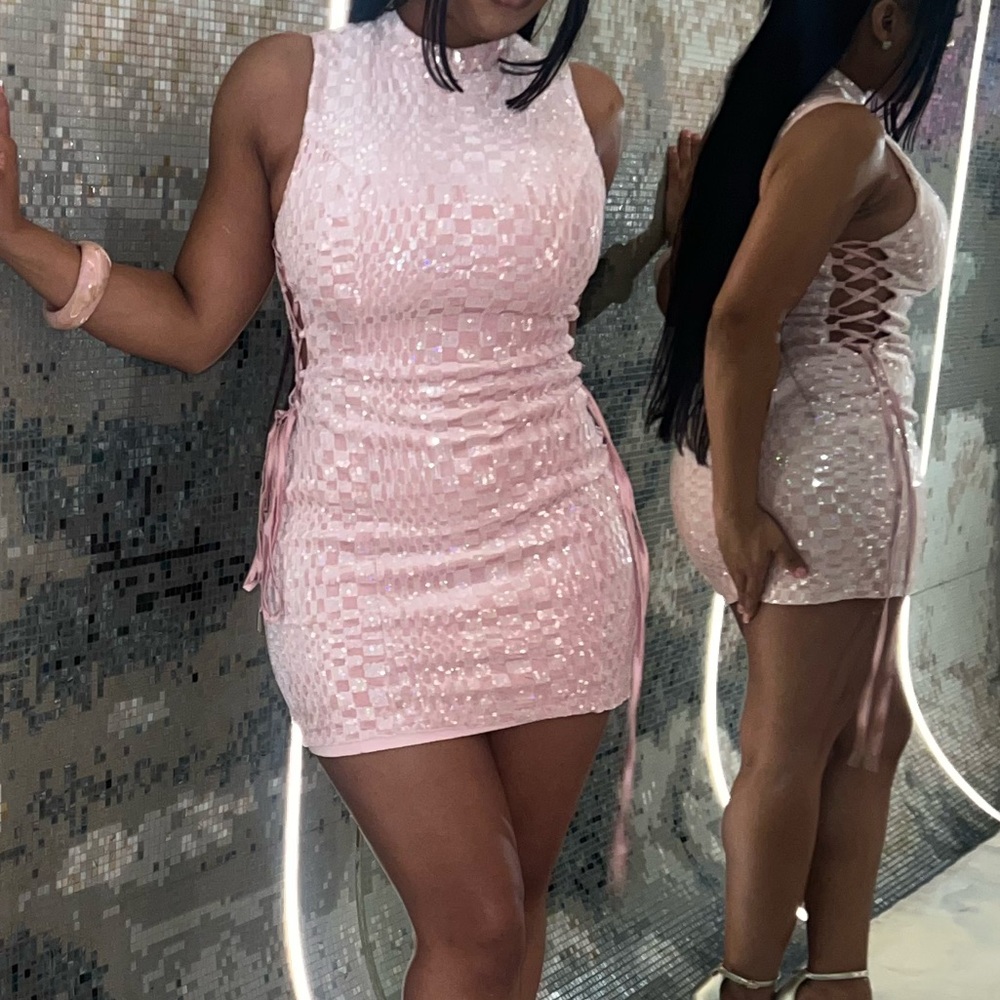 Pink sequin side lace up dresss